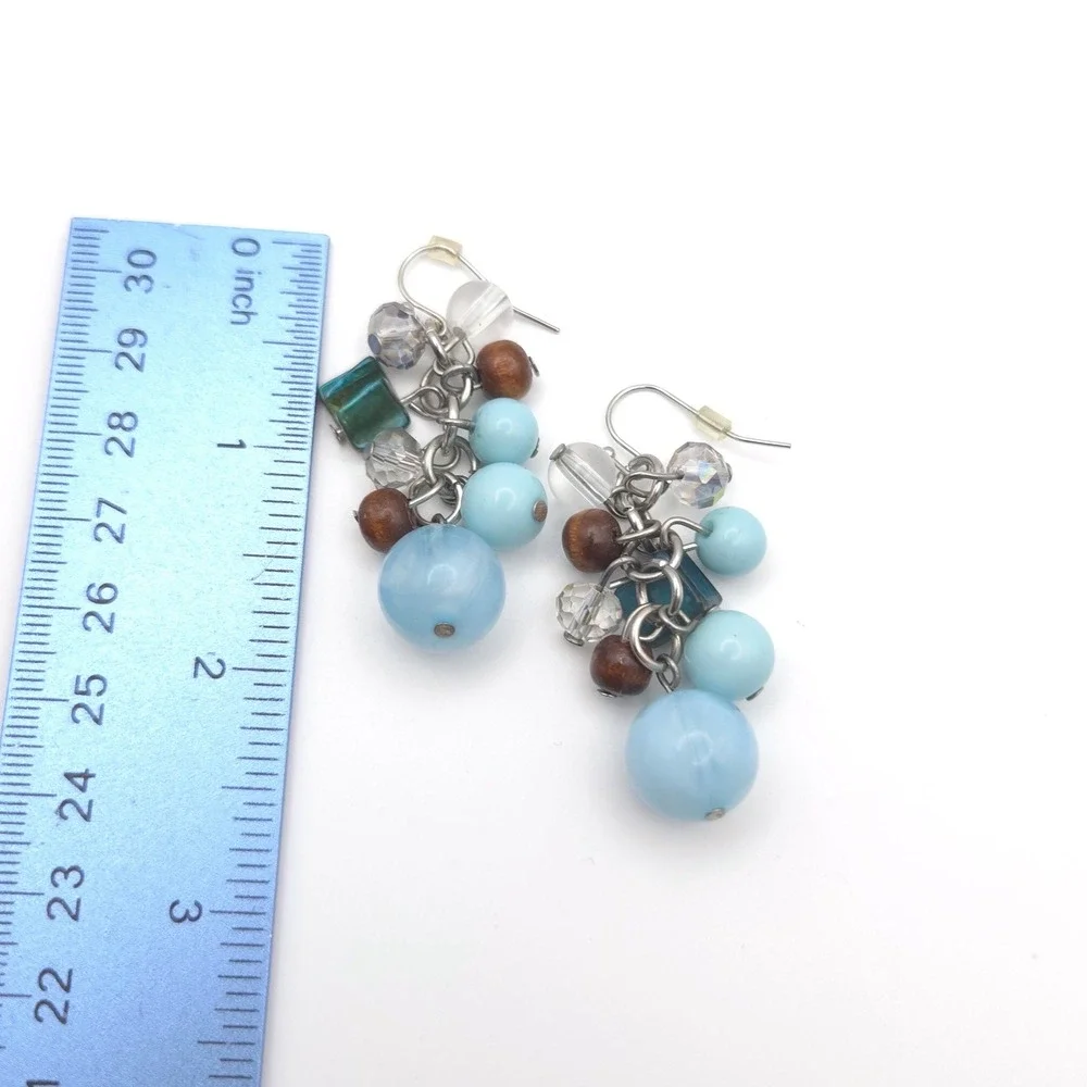 Boho Blue Cluster Dangle Earrings Wood Crystal Bead Silver Tone‎ Drop 2 Inch